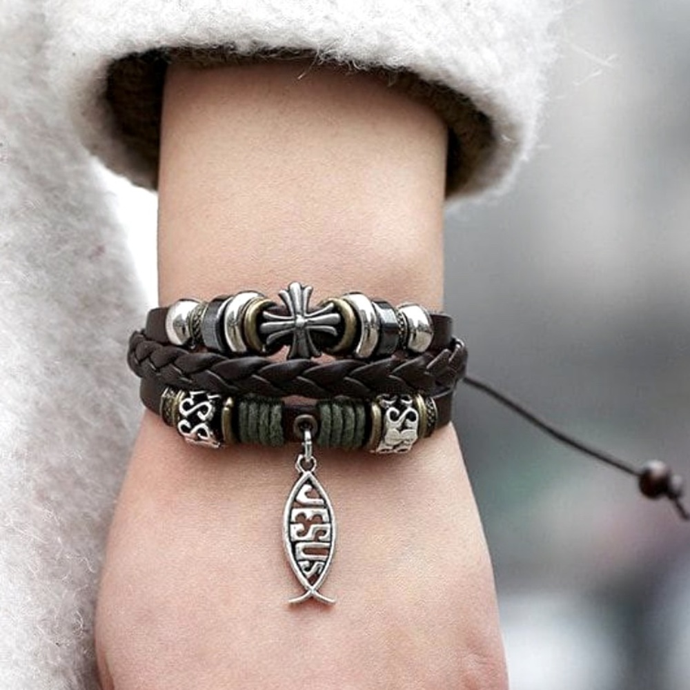 Brown Leather Charm Bracelet with Ichthus Fish Christian Jewelry Unisex